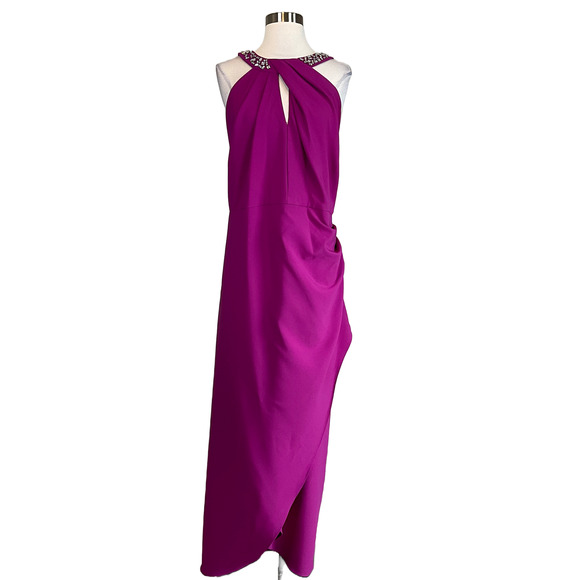 Fuchsia Pink Beaded Halter Evening Gown Size 6 SLNY Sleeveless Cut Out Dress - Picture 1 of 11